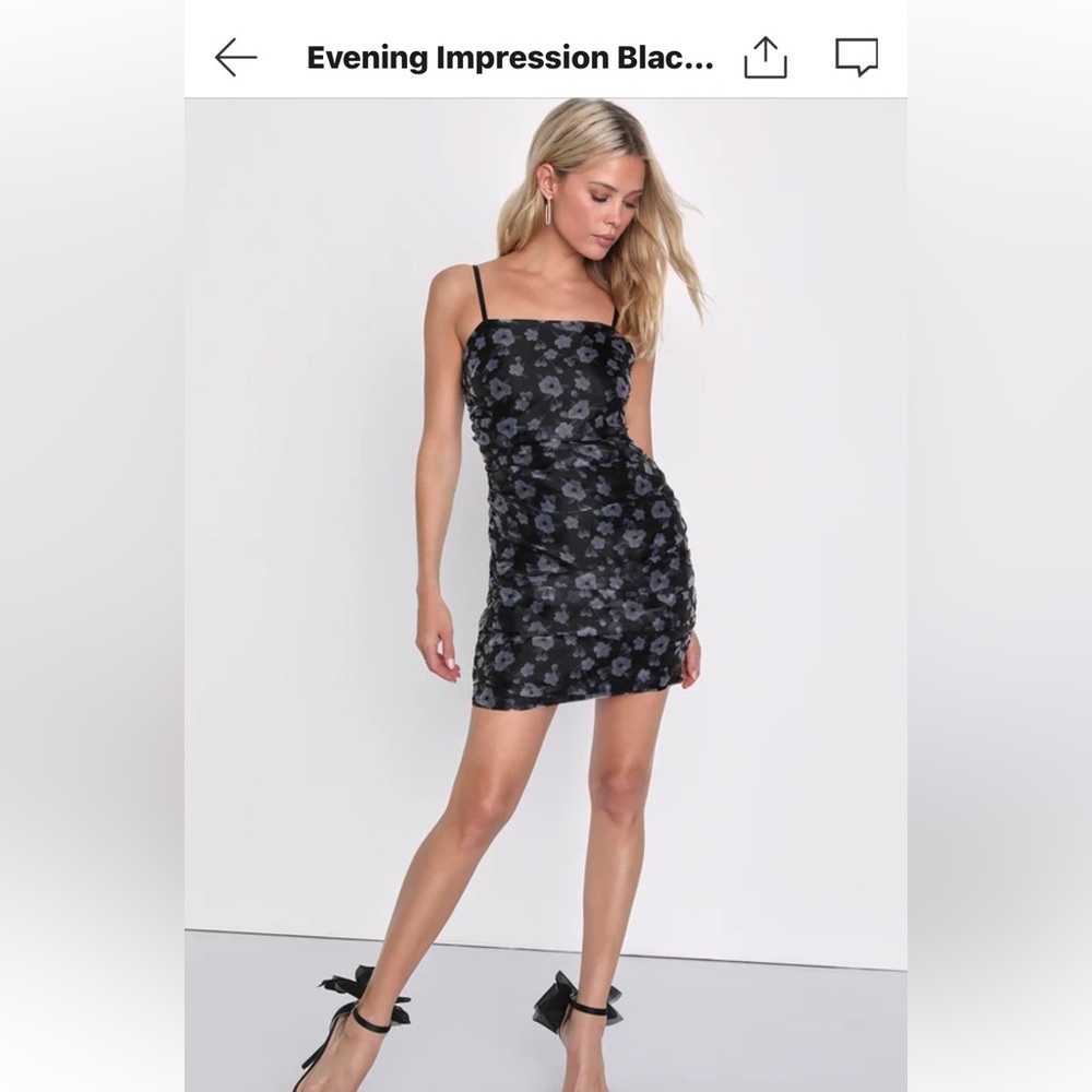 Lulus Evening Impression Black Floral Print Organza Ruched Mini Dress small